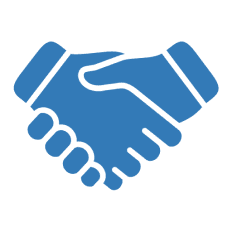 Blue handshake icon on black background.